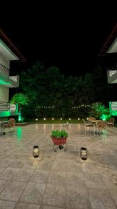 a planter in a courtyard with chairs and lights at Tsipos Rooms in Stavros +17 photos