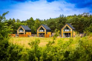 three houses in a field with trees in the background at Stodoły Pod Gajem z Balią i Sauną in Trzebniów