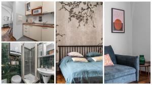 un collage de quatre photos d'une cuisine et d'une chambre dans l'établissement Cozy apartment in the Old town, à Prague