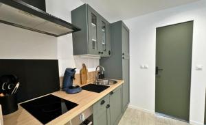 a kitchen with green cabinets and a sink at Le Chti nid d'Opale in Boulogne-sur-Mer +8 photos