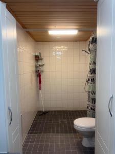 un baño con inodoro y ducha en Guest House Julia- Cozy Stay in Kajaani, en Kajaani