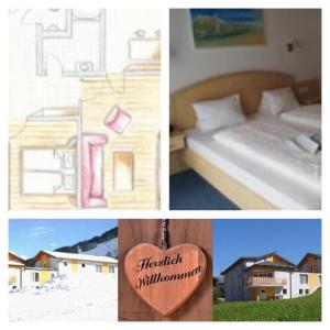 een collage van vier foto's met een bed en een hart bij Zeffererhof in Schladming