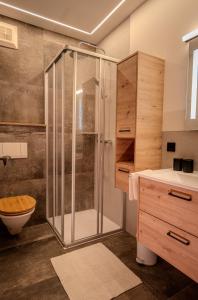 a bathroom with a shower and a toilet and a sink at Landhaus Gaspar in Wagrain +44 photos