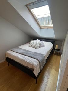 a bedroom with a bed in a attic with a window at Luna Apartments Estonia in Tallinn