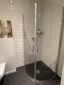 a shower with a glass door in a bathroom at Luna Apartments Estonia in Tallinn