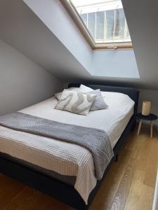 a bedroom with a bed in a attic with a window at Luna Apartments Estonia in Tallinn