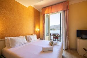 韦尔巴尼亚Hotel Pallanza by LVG Hotel Collection的一间带大窗户的带床的酒店房间