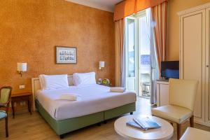 韦尔巴尼亚Hotel Pallanza by LVG Hotel Collection的一间卧室，里面有一张床、一张桌子和一把椅子