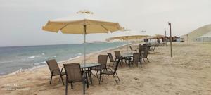 a row of tables and chairs with umbrellas on a beach at Qatar Traditional Bedouin Desert Camping in Ash Shaqrāʼ