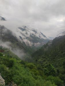 Garur Ganga Resorts & Heritage في Pīpalkoti: اطلالة على وادي مع وجود الغيوم في الجبال