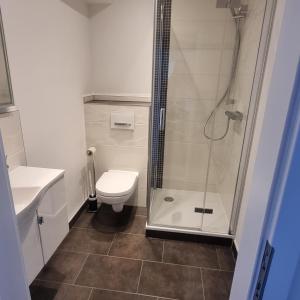 a bathroom with a shower and a toilet and a sink at Himmel & Meer Suite in Timmendorfer Strand +11 photos