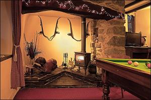 a room with a pool table and a wood stove at Betws Bach in Criccieth