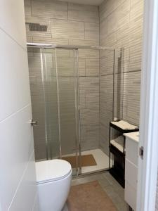 a bathroom with a shower and a toilet at Casa San Pedro in San Pedro del Pinatar