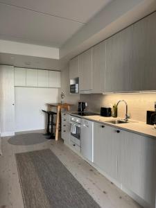 eine Küche mit grauen Schränken, einer Spüle und einer Theke in der Unterkunft Pramea Apartments Aallonharja 6 in Jyväskylä