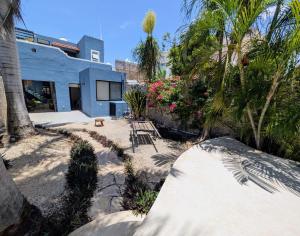 a patio with palm trees and a blue building at Casa Kiiwik - Luxury Property with a Private Outdoor Pool and Parking in Central Merida in Mérida