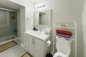 a bathroom with a sink and a toilet and a mirror at Newly Renovated 3BR Orangeville Basement Suite with Private Access, 10 Min Walk to Headwaters Hospital, 5 Min Drive to Mount Alverno Luxury Resorts, Ideal for Medical, Vacation or Work Stays! in Orangeville +14 photos
