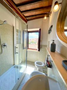 un bagno con doccia, lavandino e WC di bilocale in centro a capoliveri a Capoliveri