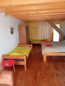 two bunk beds in a room with wooden floors at Boerderij De Diek'n in Zeerijp