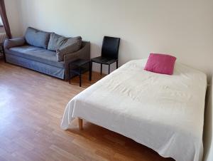 a living room with a bed and a couch at Sommarboende in Stockholm