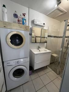 a small bathroom with a washing machine and a sink at Maison de vacances moderne et pratique : WiFi, clim, parking et cour privée in Canet-en-Roussillon