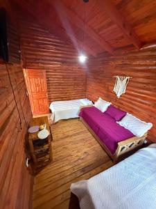 a bedroom with two beds in a wooden room at Cabaña Los Abuelos para 6 personas in Coronel Moldes