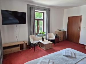 Televízia a/alebo spoločenská miestnosť v ubytovaní Apartamenty Amadeus