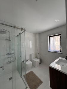 a bathroom with a shower and a toilet and a sink at Apt 3 Quartos na Covilhã perto da Serra da Estrela in Covilhã +16 photos