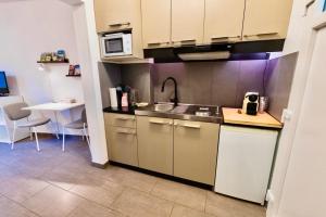une petite cuisine avec un évier et un micro-ondes dans l'établissement Studio Cosy Centre ville, à Wissembourg