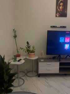 ein Wohnzimmer mit einem TV und 2 Tischen mit Pflanzen in der Unterkunft Self-occupied apartment 1 in Al Kharj