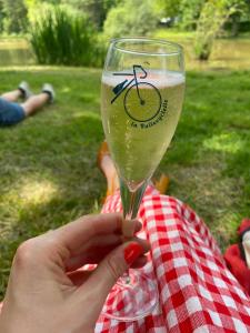 a person holding a glass of wine on a picnic table at Maison Blanc de blanc - Guest Room in a Family Home in Le Mesnil-sur-Oger