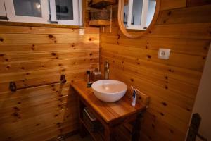 ein Badezimmer mit einem Waschbecken und einer Holzwand in der Unterkunft La Cábala del Draguillo in Santa Cruz de Tenerife + 20 Fotos
