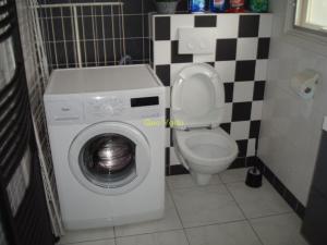 a bathroom with a washing machine and a toilet at Quo Vadis vakantiehuis Lengel in Lengel