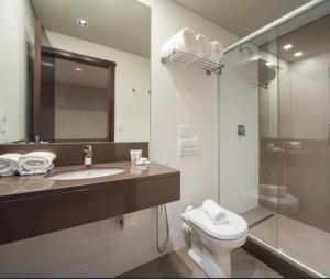 a bathroom with a toilet and a sink and a shower at Hotel Laghetto stilo Borges in Gramado