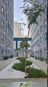 een boom op een binnenplaats voor een gebouw bij Lar Longe de Casa in Sao Paulo