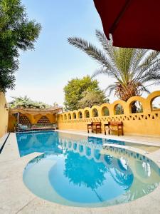 a swimming pool next to a building with a palm tree at Rahma house in Kafr ‘Amr
