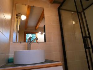 a bathroom with a sink and a mirror at Etage Bleu à la montagne in Saint-Julien-en-Champsaur