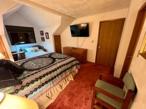 ein Schlafzimmer mit einem Bett und einem Fernseher darin in der Unterkunft Seven Springs Hideaway Ski In and Out Pet Friendly in Champion