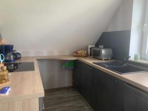 a kitchen with a counter with a sink and a microwave at Haus Matti in Meuro