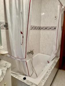 a bath tub with a shower curtain in a bathroom at Aloe Cela in Outeiro de Rei +19 photos