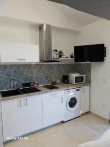 a kitchen with a washing machine and a microwave at Studio avec terrasse indépendant en villa in La Garde