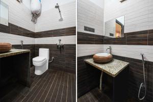 ダンバードにあるHotel O Hirak Road Dhanbadのバスルーム(トイレ、洗面台付)の写真2枚