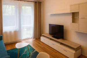 a living room with a flat screen tv on a stand at Apartament Marzenie in Kowary