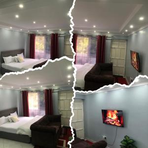 two images of a bedroom with two beds and a fireplace at Bright Serene Studio Bnb in Nairobi