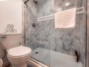 een badkamer met toilet en douche bij Lakeland Getaway - Walk to Lake in South Lake Tahoe +34 foto's