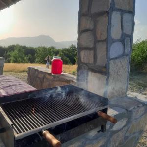 a grill with a red container on top of it at Apartman Kušići in Vedići