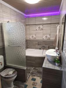 哈卡尼Lilaakác Vendégház的带浴缸、马桶和水槽的浴室 更多12张照片