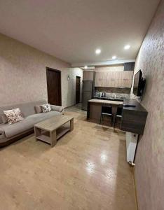 a living room with a couch and a table and a kitchen at bakuriani in Itʼkhvisi
