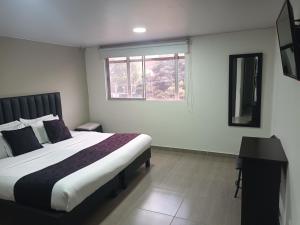 a bedroom with a large bed and a window at Hotel Santiago Plaza in Bogotá