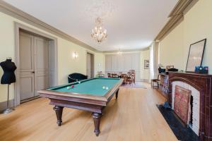 a room with a pool table and a fireplace at Domaine de la Grotte in Sore