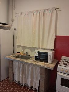 eine Küchentheke mit Mikrowelle und Spüle in der Unterkunft La Casa de María Helenra in Alta Gracia